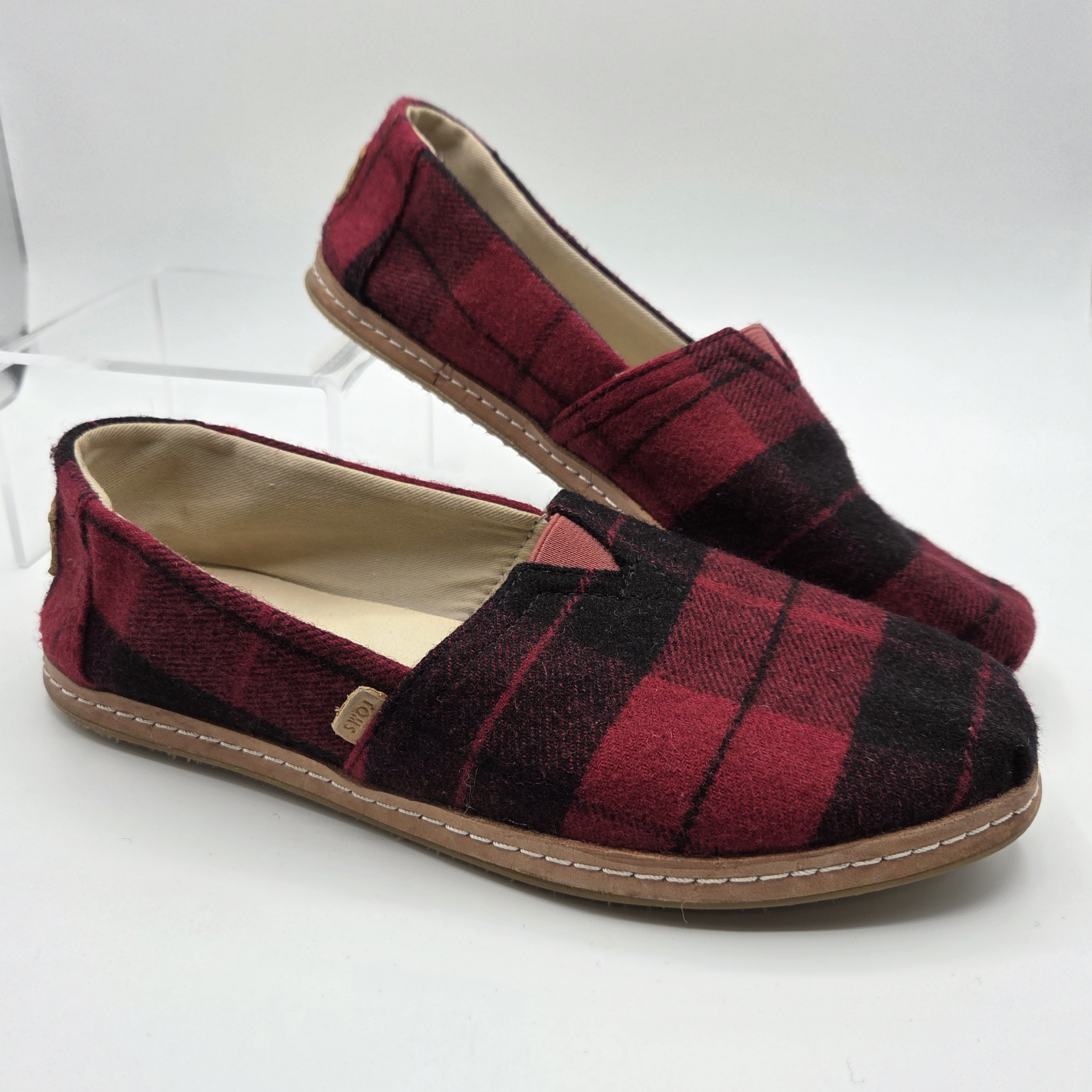 Toms Red Buffalo Plaid Slip-On Flats | Women's 8w | Holiday Cozy